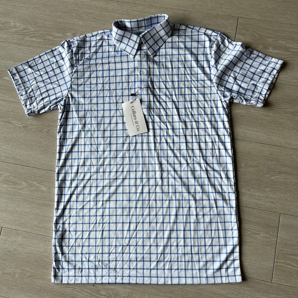 Collars & Co Dress Collar Polo Mens Small Blue White Square Check Flaw